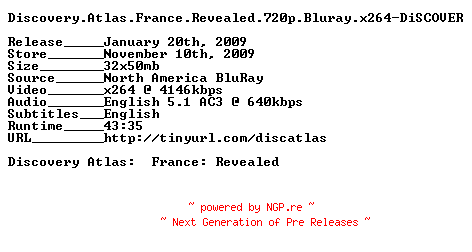 NFO for the release Discovery.Atlas.France.Revealed.720p.Bluray.x264-DiSCOVER by DiSCOVER