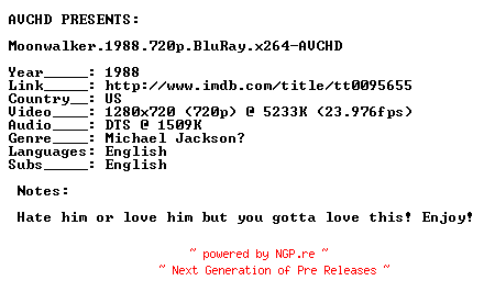NFO for the release Moonwalker.1988.720p.BluRay.x264-AVCHD by AVCHD