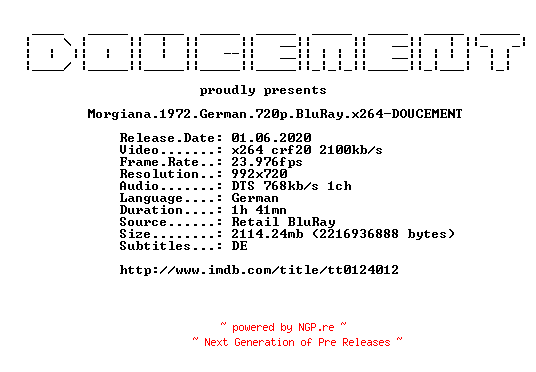 NFO for the release Morgiana.1972.German.720p.BluRay.x264-DOUCEMENT by DOUCEMENT