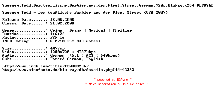 NFO for the release Sweeney.Todd.Der.teuflische.Barbier.aus.der.Fleet.Street.German.720p.BluRay.x264-DEFUSED by DEFUSED