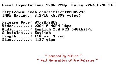 NFO for the release Great.Expectations.1946.720p.BluRay.x264-CiNEFiLE by CiNEFiLE