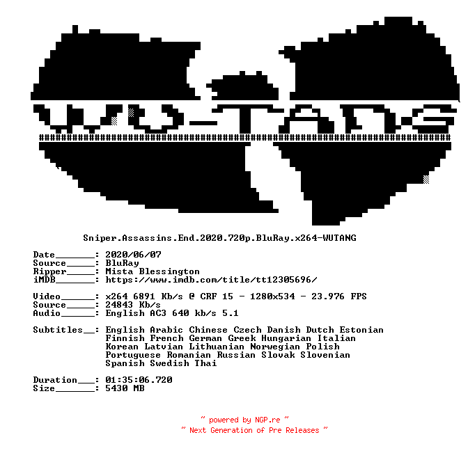 NFO for the release Sniper.Assassins.End.2020.720p.BluRay.x264-WUTANG by WUTANG