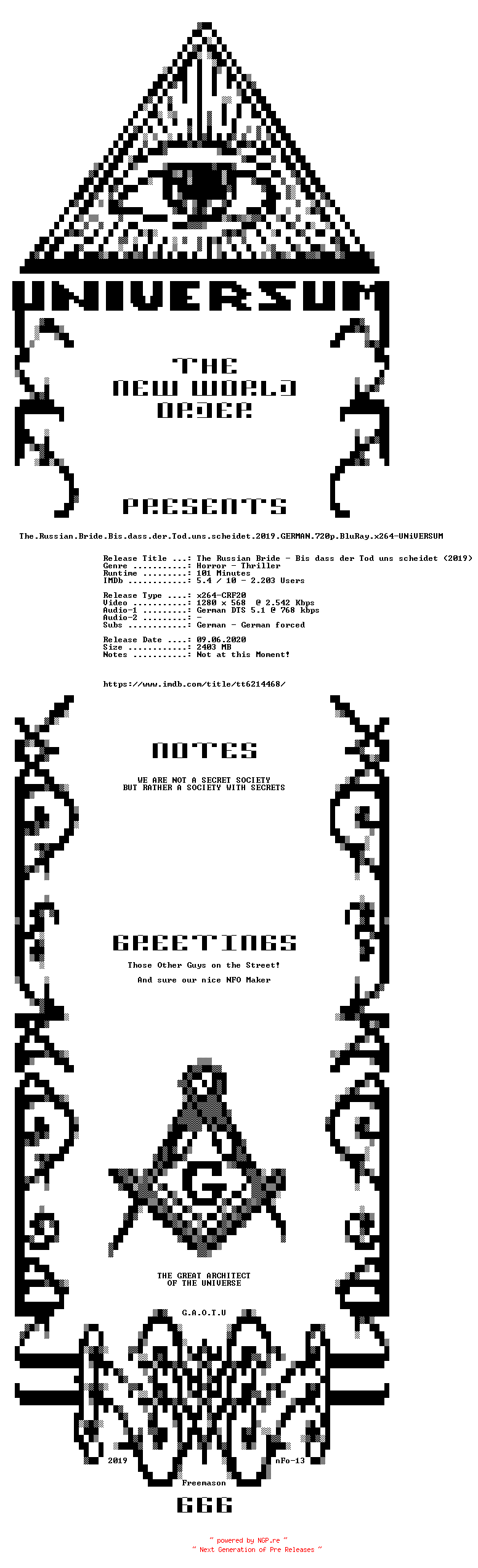 NFO for the release The.Russian.Bride.Bis.dass.der.Tod.uns.scheidet.2019.GERMAN.720p.BluRay.x264-UNiVERSUM by UNiVERSUM