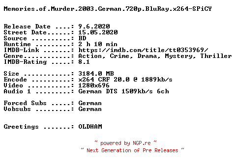 NFO for the release Memories.of.Murder.2003.German.720p.BluRay.x264-SPiCY by SPiCY