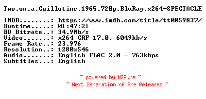 NFO for the release Two.on.a.Guillotine.1965.720p.BluRay.x264-SPECTACLE by SPECTACLE