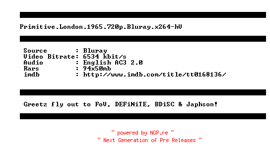 NFO for the release Primitive.London.1965.720p.Bluray.x264-hV by hV