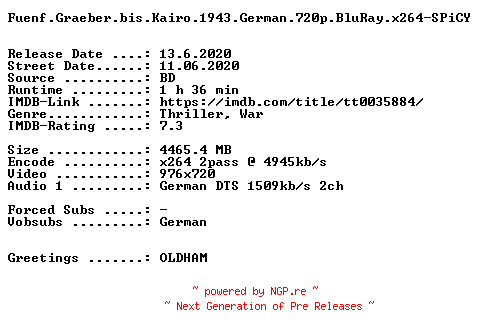 NFO for the release Fuenf.Graeber.bis.Kairo.1943.German.720p.BluRay.x264-SPiCY by SPiCY
