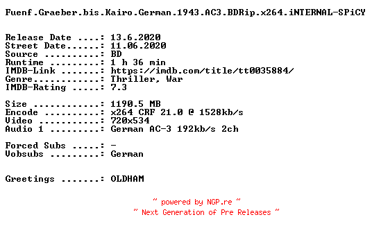 NFO for the release Fuenf.Graeber.bis.Kairo.German.1943.AC3.BDRip.x264.iNTERNAL-SPiCY by SPiCY