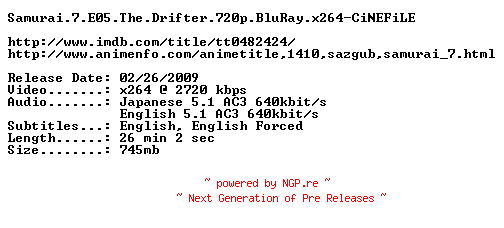 NFO for the release Samurai.7.E05.The.Drifter.720p.BluRay.x264-CiNEFiLE by CiNEFiLE