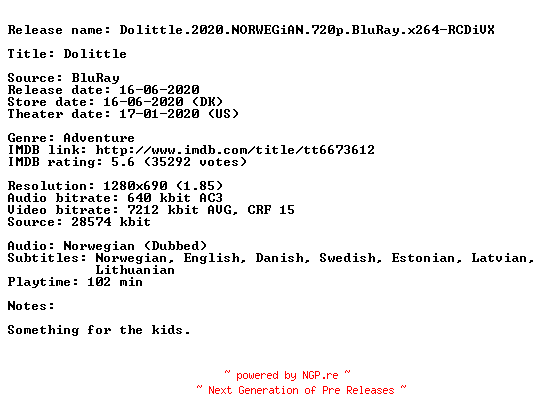 NFO for the release Dolittle.2020.NORWEGiAN.720p.BluRay.x264-RCDiVX by RCDiVX