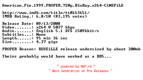 NFO for the release American.Pie.1999.PROPER.720p.BluRay.x264-CiNEFiLE by CiNEFiLE