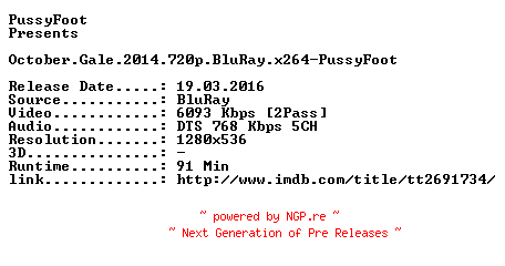 NFO for the release October.Gale.2014.720p.BluRay.x264-PussyFoot by PussyFoot