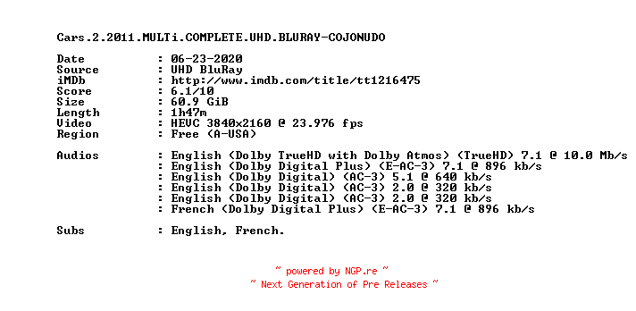 NFO for the release Cars.2.2011.MULTi.COMPLETE.UHD.BLURAY-COJONUDO by COJONUDO