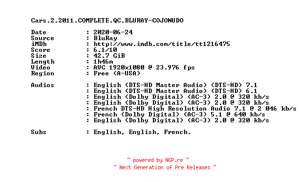 NFO for the release Cars.2.2011.COMPLETE.QC.BLURAY-COJONUDO by COJONUDO