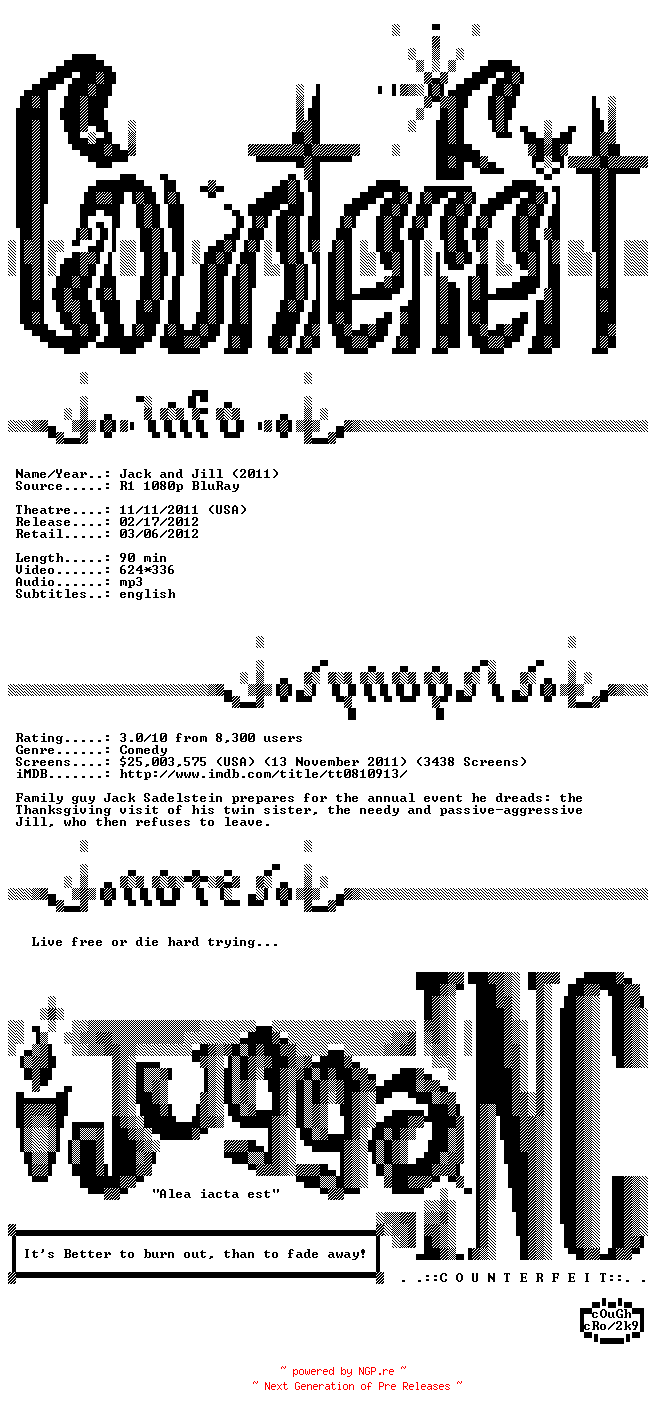 NFO for the release Jack.and.Jill.2011.BDRip.XviD-Counterfeit by Counterfeit