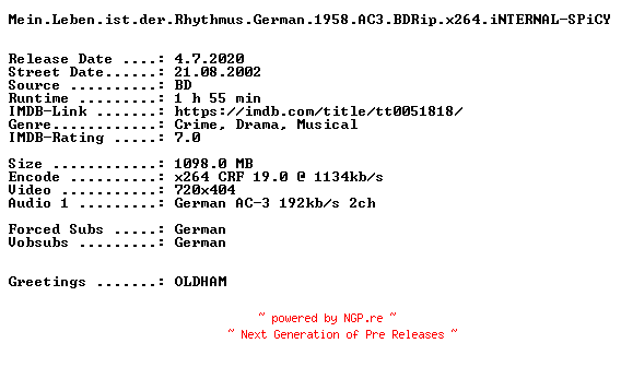 NFO for the release Mein.Leben.ist.der.Rhythmus.German.1958.AC3.BDRip.x264.iNTERNAL-SPiCY by SPiCY