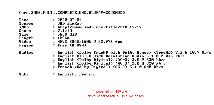 NFO for the release Cars.2006.MULTi.COMPLETE.UHD.BLURAY-COJONUDO by COJONUDO