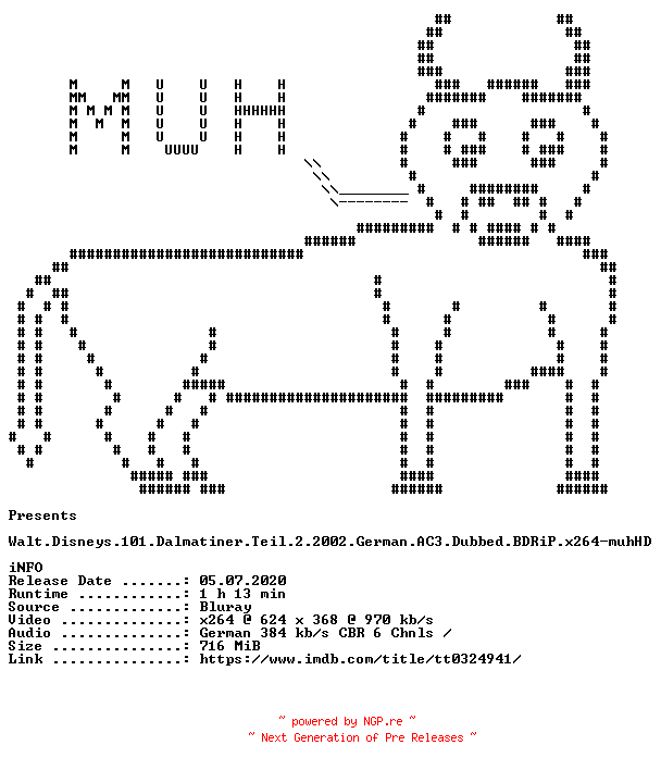 NFO for the release Walt.Disneys.101.Dalmatiner.Teil.2.2002.German.AC3.Dubbed.BDRiP.x264.iNTERNAL-muhHD by muhHD