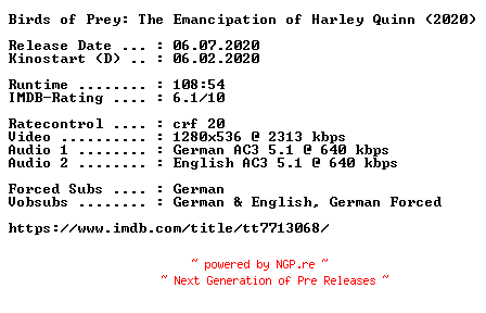NFO for the release Birds.of.Prey.The.Emancipation.of.Harley.Quinn.2020.German.DL.720p.BluRay.x264-COiNCiDENCE by COiNCiDENCE