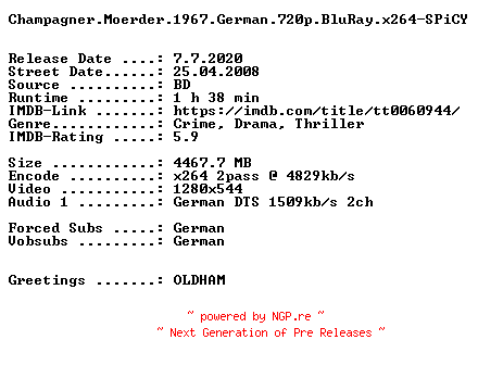 NFO for the release Champagner.Moerder.1967.German.720p.BluRay.x264-SPiCY by SPiCY