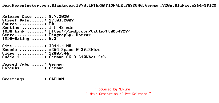 NFO for the release Der.Hexentoeter.von.Blackmoor.1970.iNTERNATiONALE.FASSUNG.German.720p.BluRay.x264-SPiCY by SPiCY