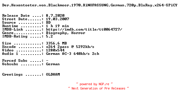NFO for the release Der.Hexentoeter.von.Blackmoor.1970.KiNOFASSUNG.German.720p.BluRay.x264-SPiCY by SPiCY