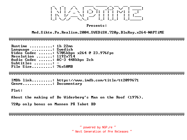 NFO for the release Med.Sikte.Pa.Realism.2004.SWEDiSH.720p.BluRay.x264-NAPTiME by NAPTiME