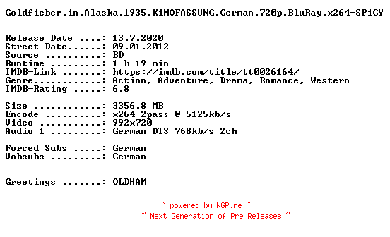 NFO for the release Goldfieber.in.Alaska.1935.KiNOFASSUNG.German.720p.BluRay.x264-SPiCY by SPiCY