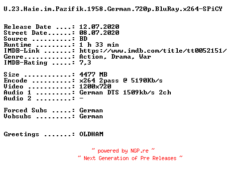 NFO for the release U.23.Haie.im.Pazifik.1958.German.720p.BluRay.x264-SPiCY by SPiCY