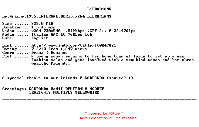 NFO for the release Le.Amiche.1955.iNTERNAL.BDRip.x264-LiBRARiANS by LiBRARiANS