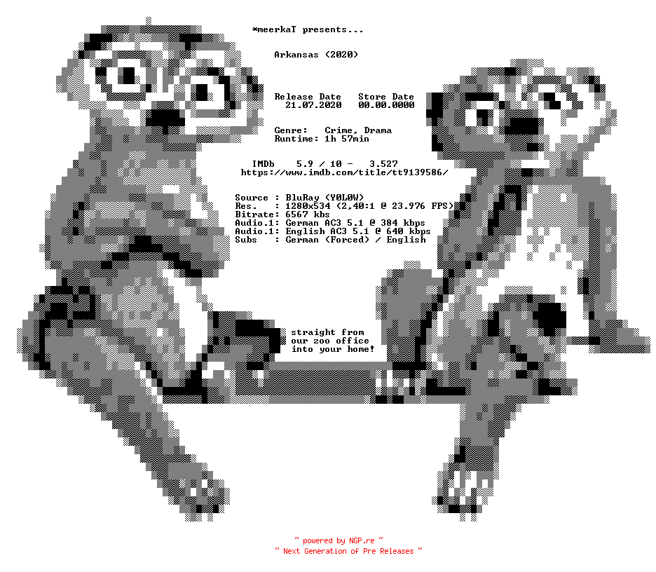 NFO for the release Arkansas.2020.German.DL.AC3.Dubbed.720p.BluRay.x264-meerkaT by meerkaT