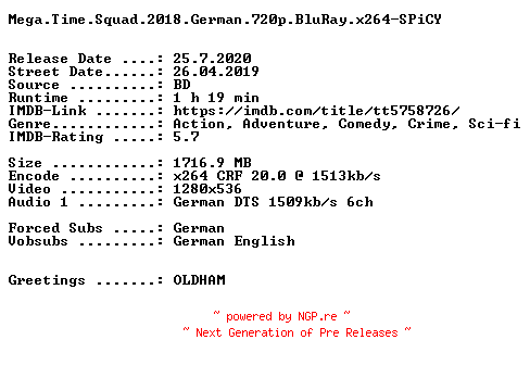 NFO for the release Mega.Time.Squad.2018.German.720p.BluRay.x264-SPiCY by SPiCY