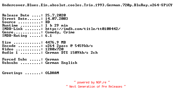 NFO for the release Undercover.Blues.Ein.absolut.cooles.Trio.1993.German.720p.BluRay.x264-SPiCY by SPiCY