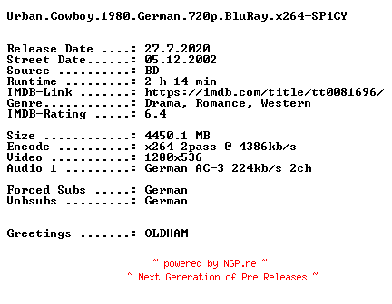 NFO for the release Urban.Cowboy.1980.German.720p.BluRay.x264-SPiCY by SPiCY