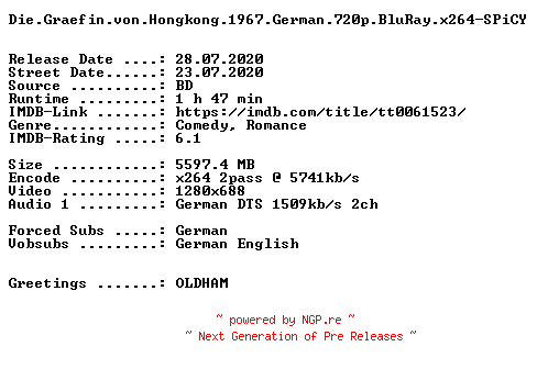 NFO for the release Die.Graefin.von.Hongkong.1967.German.720p.BluRay.x264-SPiCY by SPiCY