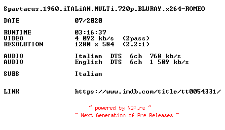 NFO for the release Spartacus.1960.iTALiAN.MULTi.720p.BLURAY.x264-ROMEO by ROMEO