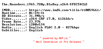 NFO for the release The.Rounders.1965.720p.BluRay.x264-SPECTACLE by SPECTACLE