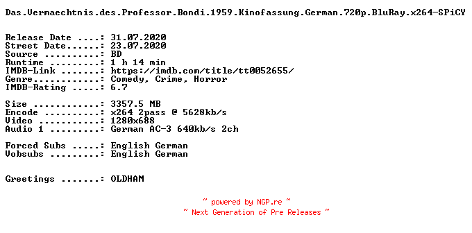 NFO for the release Das.Vermaechtnis.des.Professor.Bondi.1959.Kinofassung.German.720p.BluRay.x264-SPiCY by SPiCY