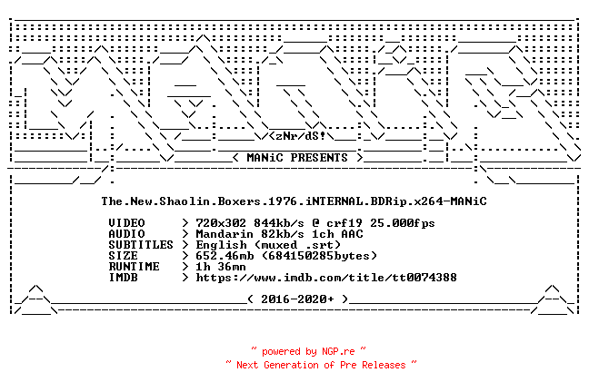 NFO for the release The.New.Shaolin.Boxers.1976.iNTERNAL.BDRip.x264-MANiC by MANiC