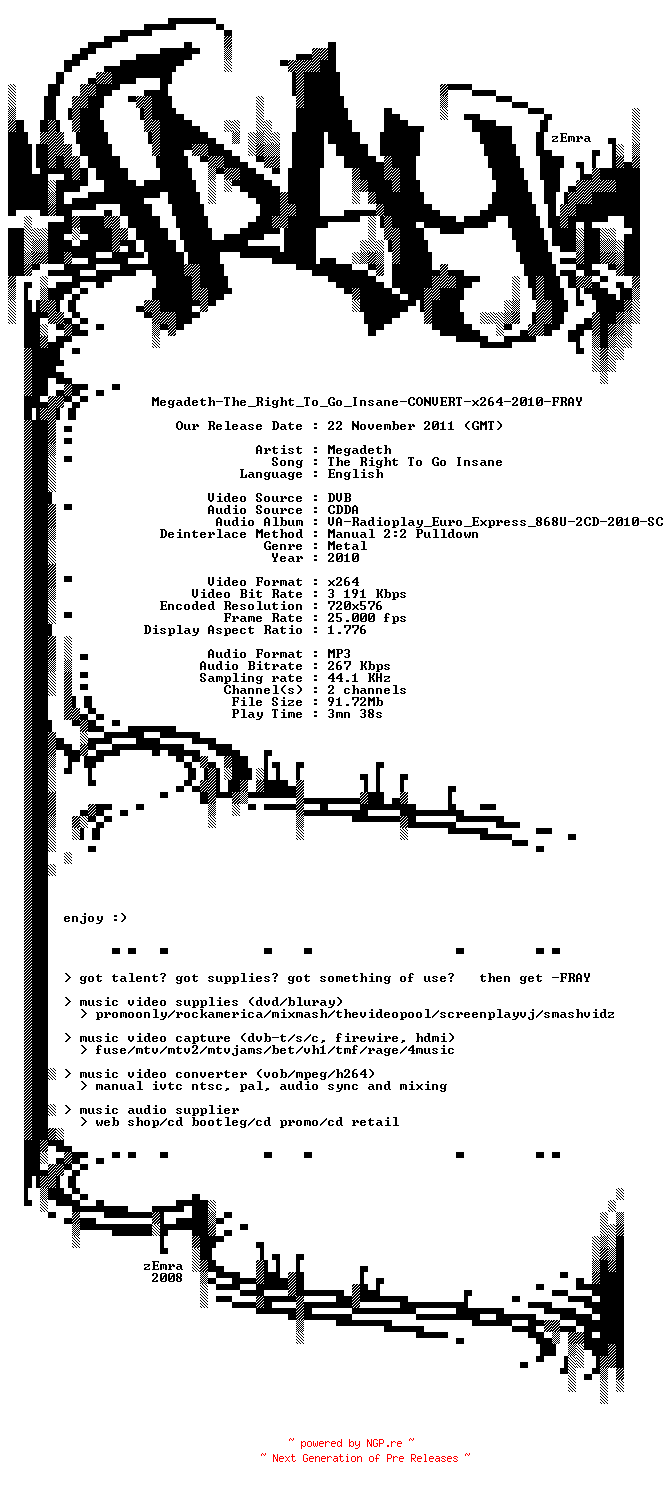 NFO for the release Megadeth-The_Right_To_Go_Insane-CONVERT-x264-2010-FRAY by FRAY