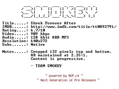 NFO for the release Shrek.Forever.After.2010.FINNISH.BDRip.XviD-SMOKEY by SMOKEY