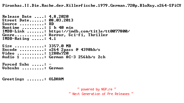 NFO for the release Piranhas.II.Die.Rache.der.Killerfische.1979.German.720p.BluRay.x264-SPiCY by SPiCY