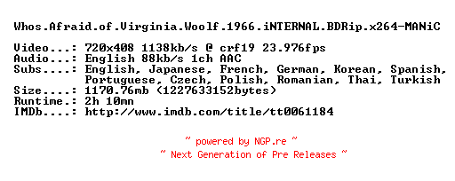 NFO for the release Whos.Afraid.of.Virginia.Woolf.1966.iNTERNAL.BDRip.x264-MANiC by MANiC