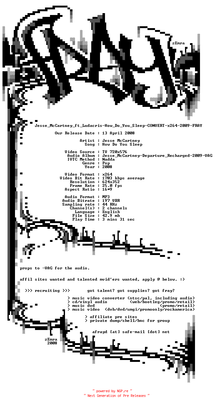 NFO for the release Jesse_McCartney_ft_Ludacris-How_Do_You_Sleep-CONVERT-x264-2009-FRAY by FRAY