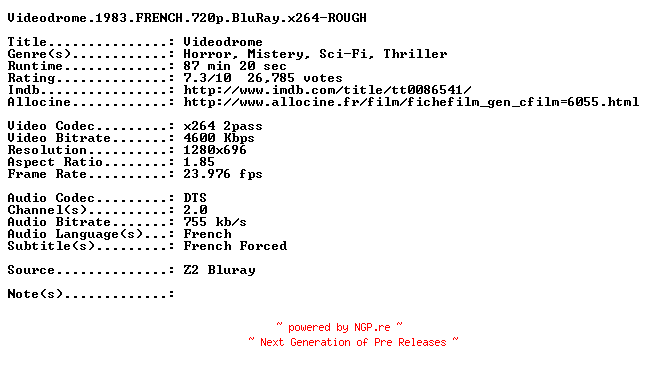 NFO for the release Videodrome.1983.FRENCH.720p.BluRay.x264-ROUGH by ROUGH