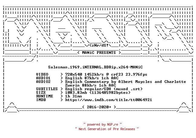 NFO for the release Salesman.1969.iNTERNAL.BDRip.x264-MANiC by MANiC
