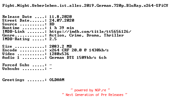 NFO for the release Fight.Night.Ueberleben.ist.alles.2019.German.720p.BluRay.x264-SPiCY by SPiCY