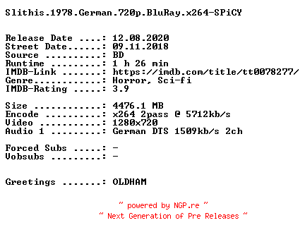 NFO for the release Slithis.1978.German.720p.BluRay.x264-SPiCY by SPiCY