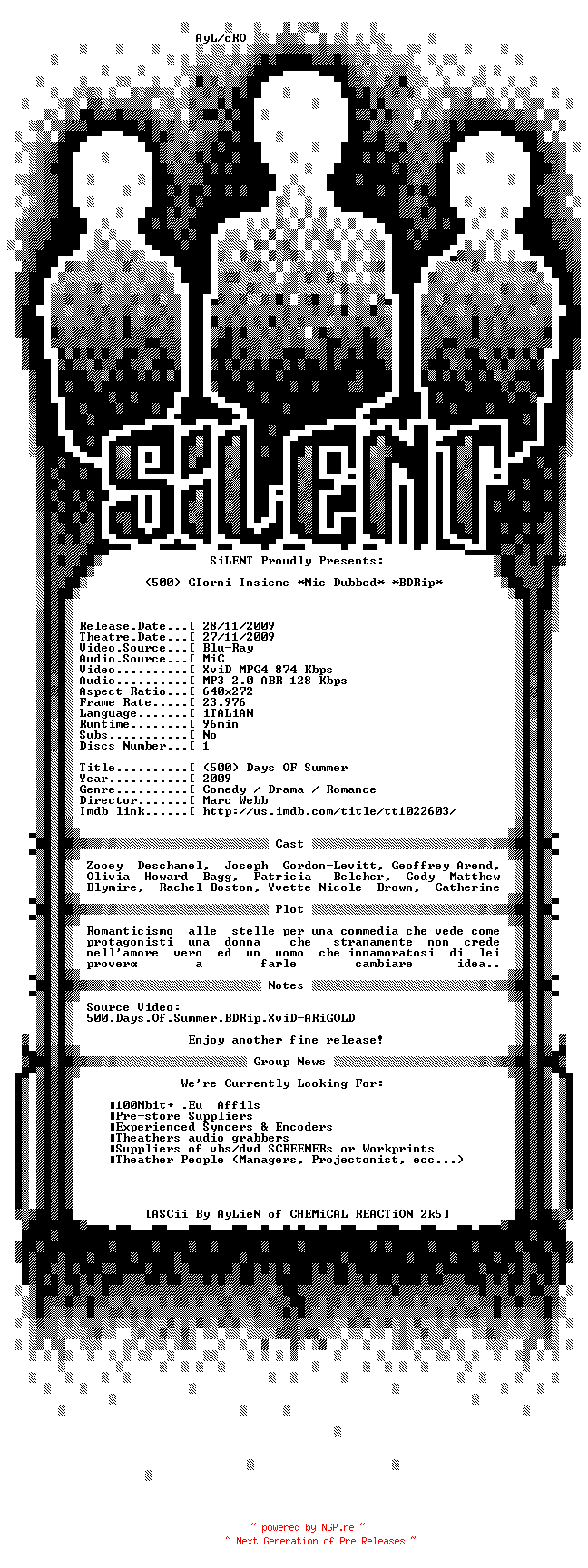 NFO for the release 500.Giorni.Insieme.2009.iTALiAN.MD.BDRip.XviD-SiLENT by SiLENT