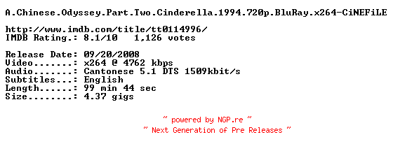 NFO for the release A.Chinese.Odyssey.Part.Two.Cinderella.1994.720p.BluRay.x264-CiNEFiLE by CiNEFiLE